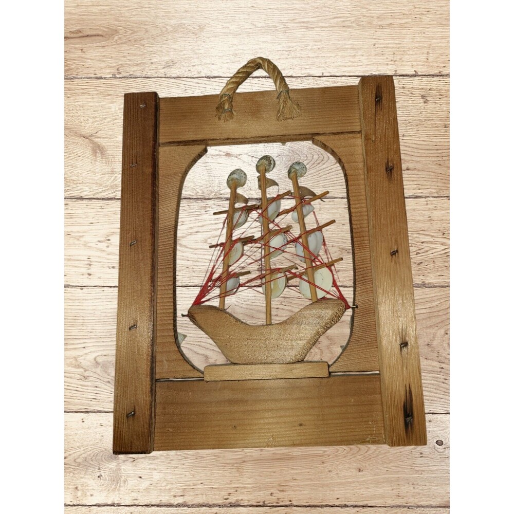 Vintage Handmade Wood Seashell Sail Boat Ship Wall Hanging Key Hooks Nautical - Picture 4 of 8